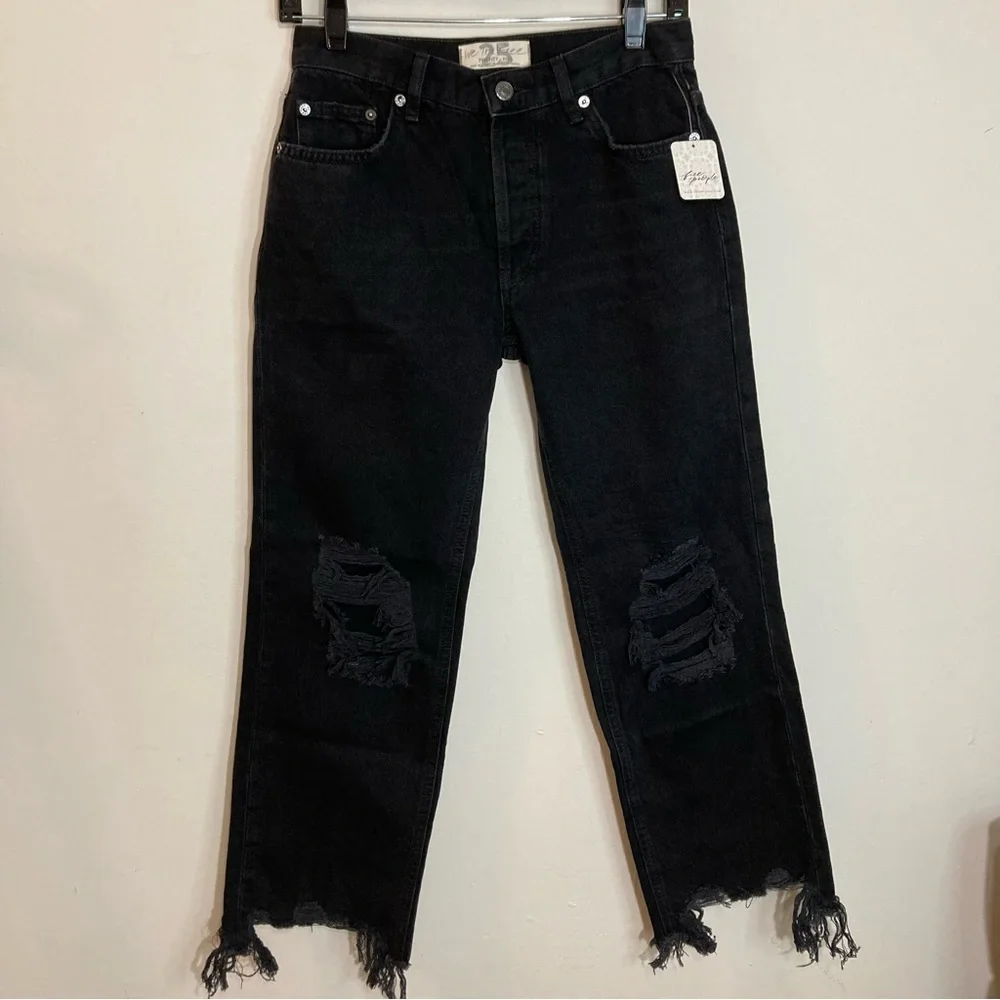 Free People Maggie Mid Rise Straight Leg Black Distressed Jeans